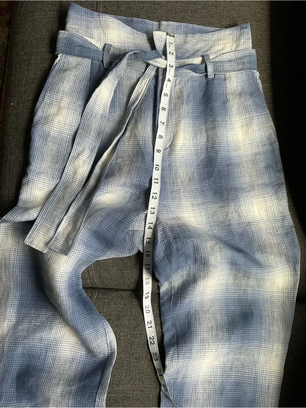 Reformation Blue Plaid High-Waist Paperbag Trousers 100% linen plaid resort wear